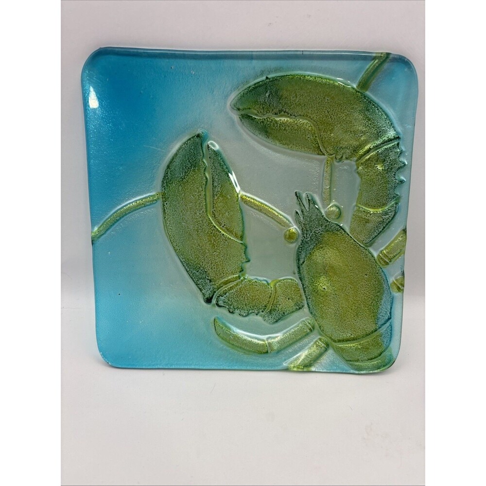 Fused Glass Decorative Plate Lobster Coastal Blue Green